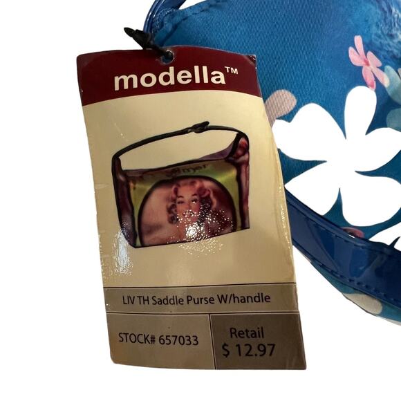 Modella Angel Retro Pin-Up Floral Cosmetic Bag Blue Zipper Handle NWT 9x6" - Picture 6 of 9